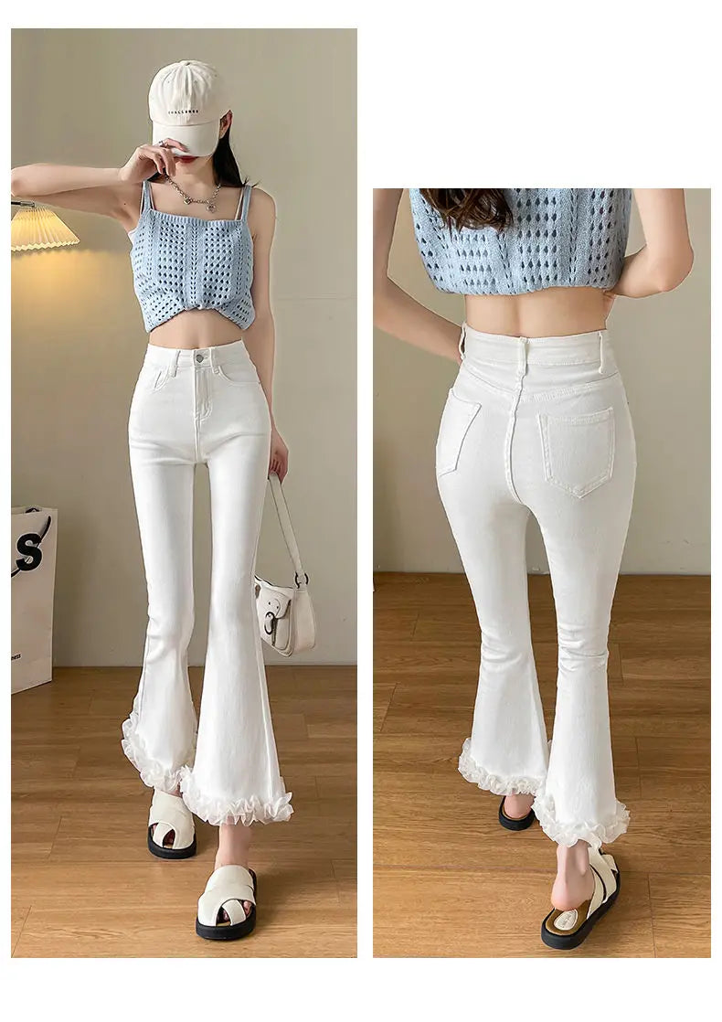 White Lace Spliced Flared Imitation Jeans for Women