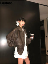 Vintage Distressed PU Jacket – Oversized Brown Runway Style