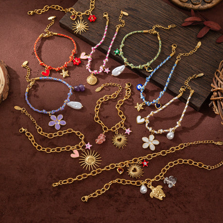 Gold-Plated, Handmade, Colorful, Braided Bracelet with Multiple Pendants