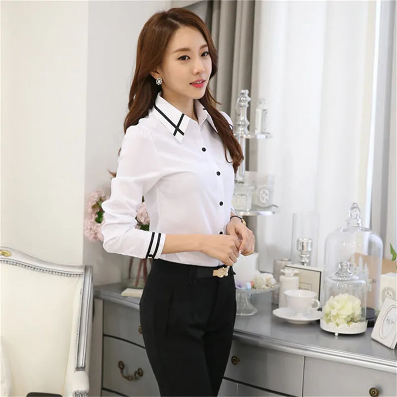 Women’s Long-Sleeve Slim Fit Office Shirt – White/Blue Formal Turn-Down Collar Blouse