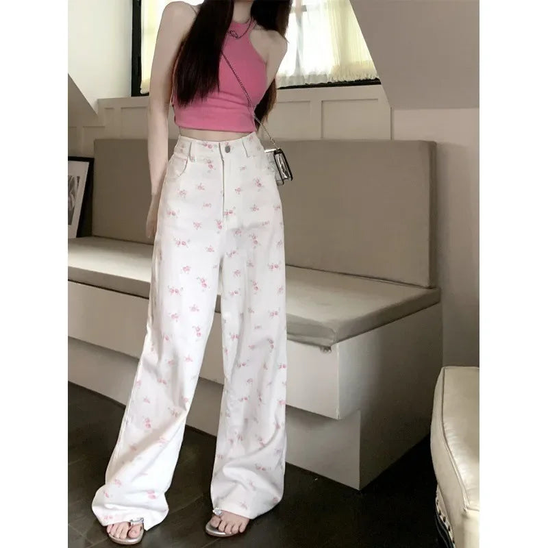 White Floral Straight Jeans for Women