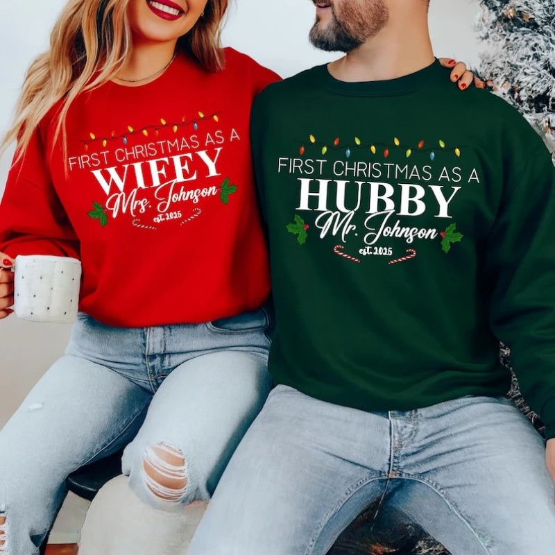 Custom “Our First Christmas as Mr & Mrs” Sweater – Hubby & Wifey Matching Sweatshirts | Newlywed Couple Christmas Gift