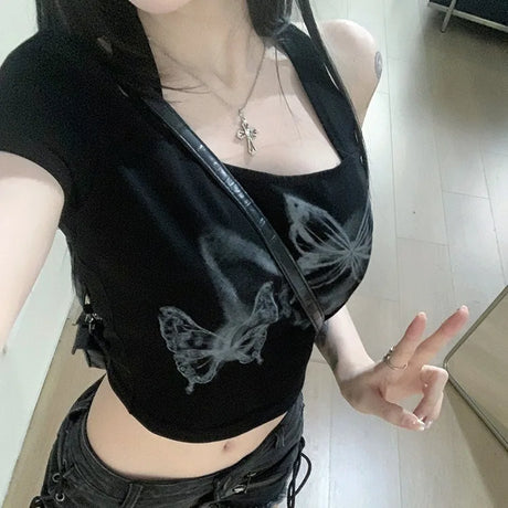 Summer Black Butterfly Print Couples T-shirts