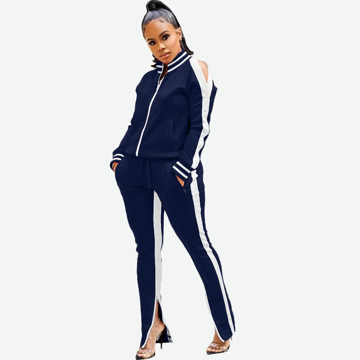 Women’s Two Piece Sports Casual Set – Patchwork Zipper Jacket and Pants