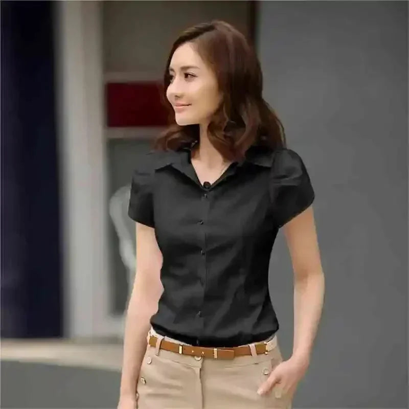 Women’s Summer Short Sleeve Office Blouse – Black/White Formal Work Shirt
