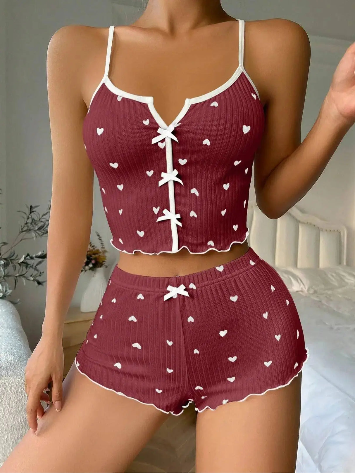 Sexy Satin Sleepwear Set – Heart Print Cami and Shorts for Women