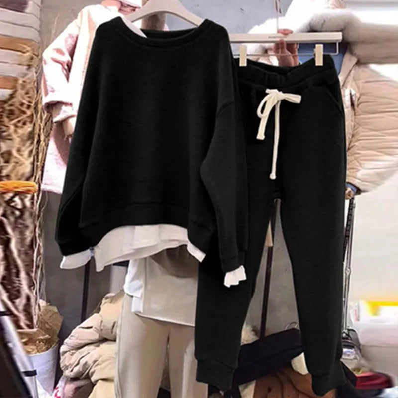 Pencil Trousers Spliced Women Pant Sets Pullover O Neck Hoodies Two Pieces Drawstring Ankle Length Pant Casual 2025 Autumn