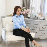 Women’s Long-Sleeve Slim Fit Office Shirt – White/Blue Formal Turn-Down Collar Blouse