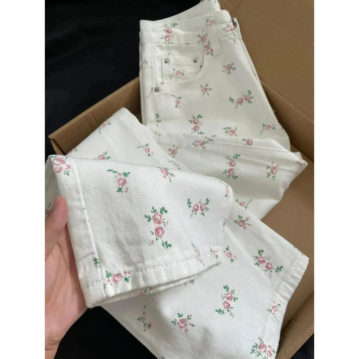 White Floral Straight Jeans for Women