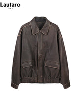 Vintage Distressed PU Jacket – Oversized Brown Runway Style