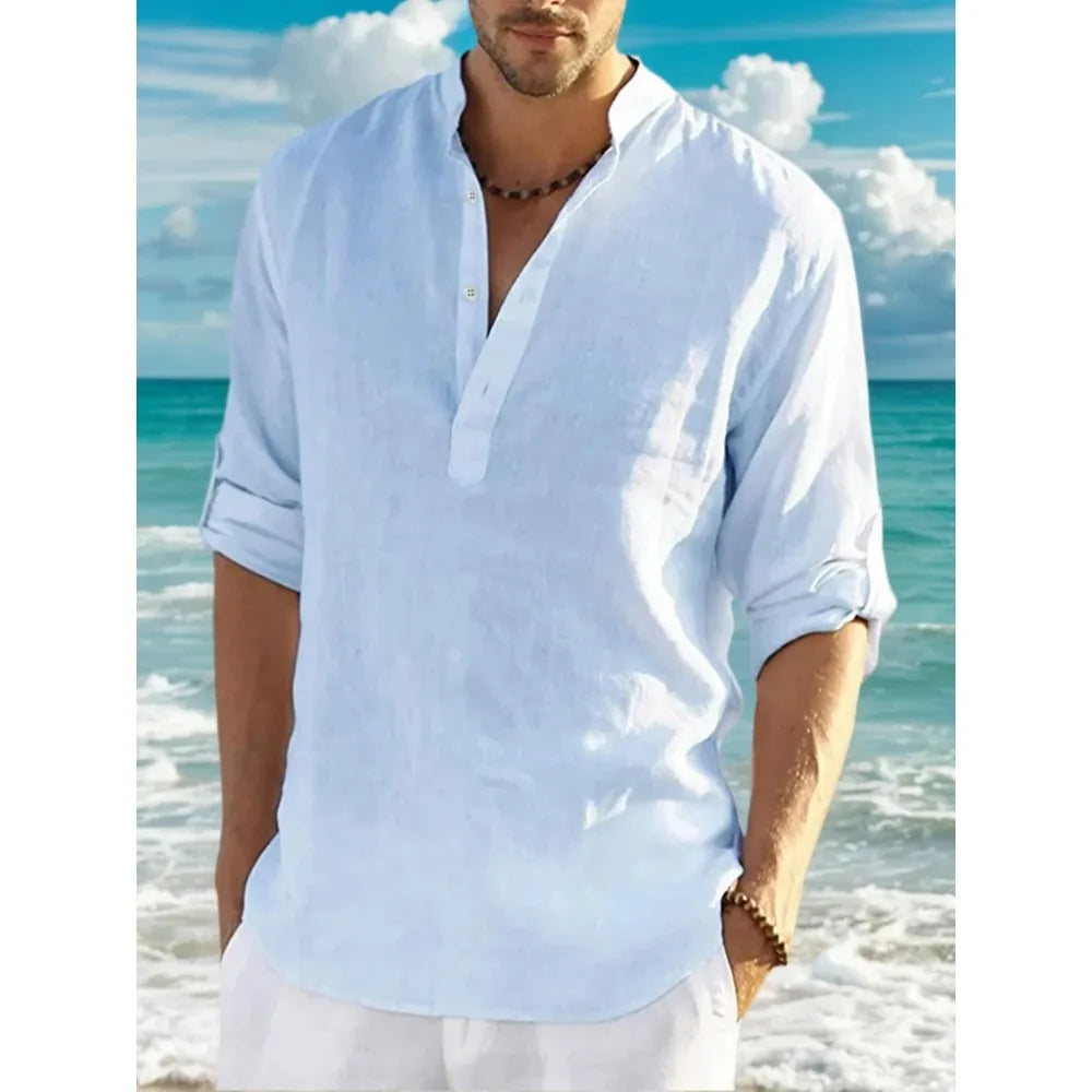 Men’s Classic Casual Stand-Up Collar V-Neck Long Sleeve Shirt