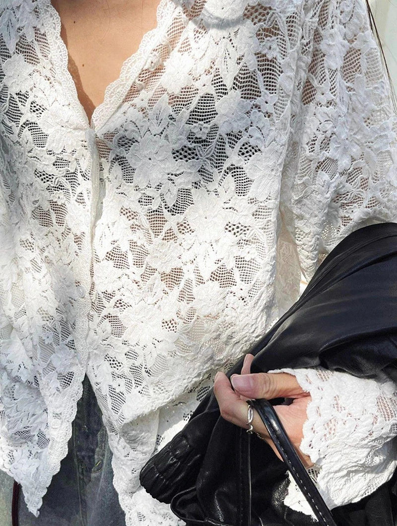 Y2K Lace Sheer Long Sleeve Blouse