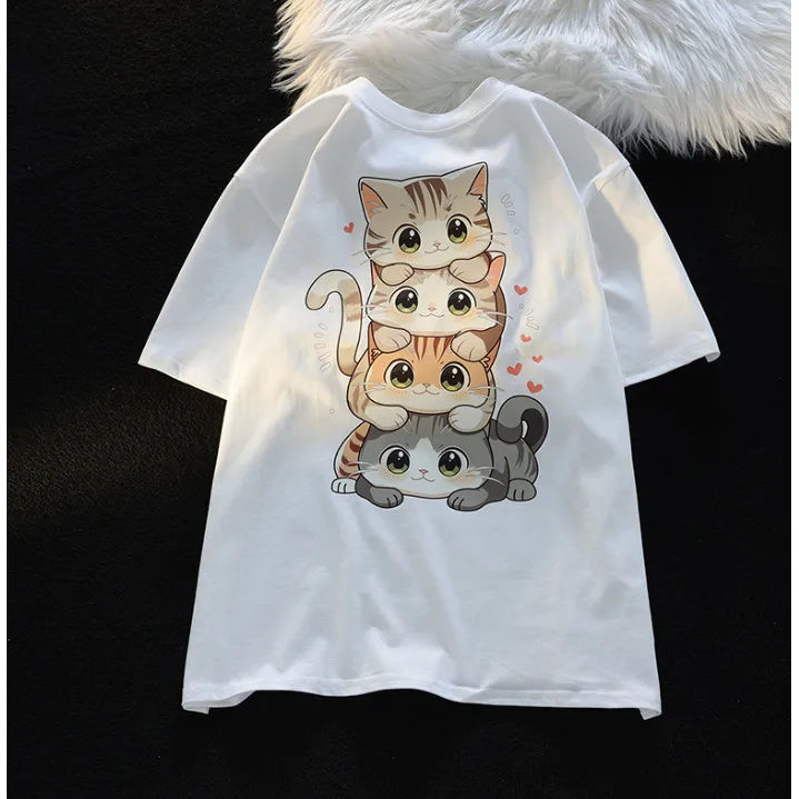 Cute Cartoon Cat Print T-shirt