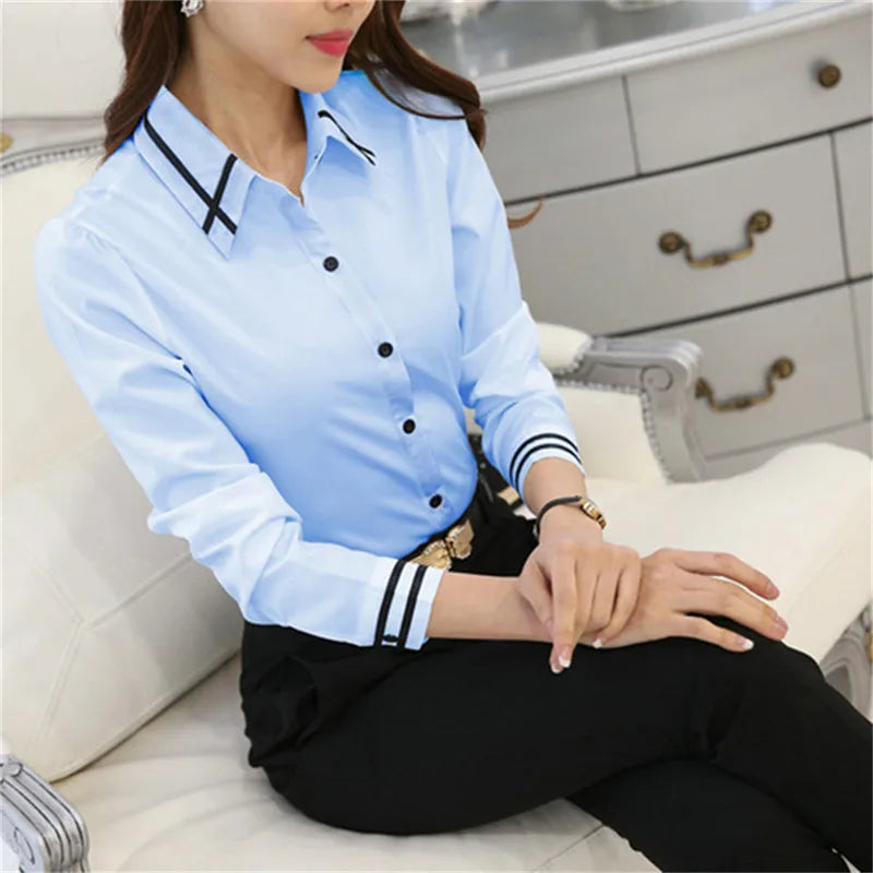 Women’s Long-Sleeve Slim Fit Office Shirt – White/Blue Formal Turn-Down Collar Blouse