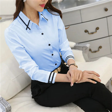 Women’s Long-Sleeve Slim Fit Office Shirt – White/Blue Formal Turn-Down Collar Blouse