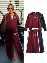 Velvet Two Piece Outfit for Women – Printed Zip Jacket and Casual Pants