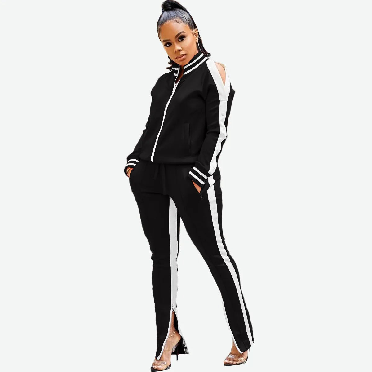Women’s Two Piece Sports Casual Set – Patchwork Zipper Jacket and Pants