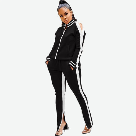 Women’s Two Piece Sports Casual Set – Patchwork Zipper Jacket and Pants