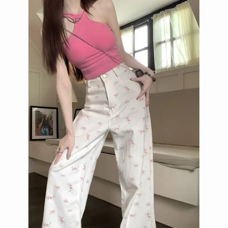 White Floral Straight Jeans for Women