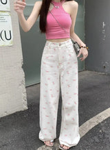 White Floral Straight Jeans for Women