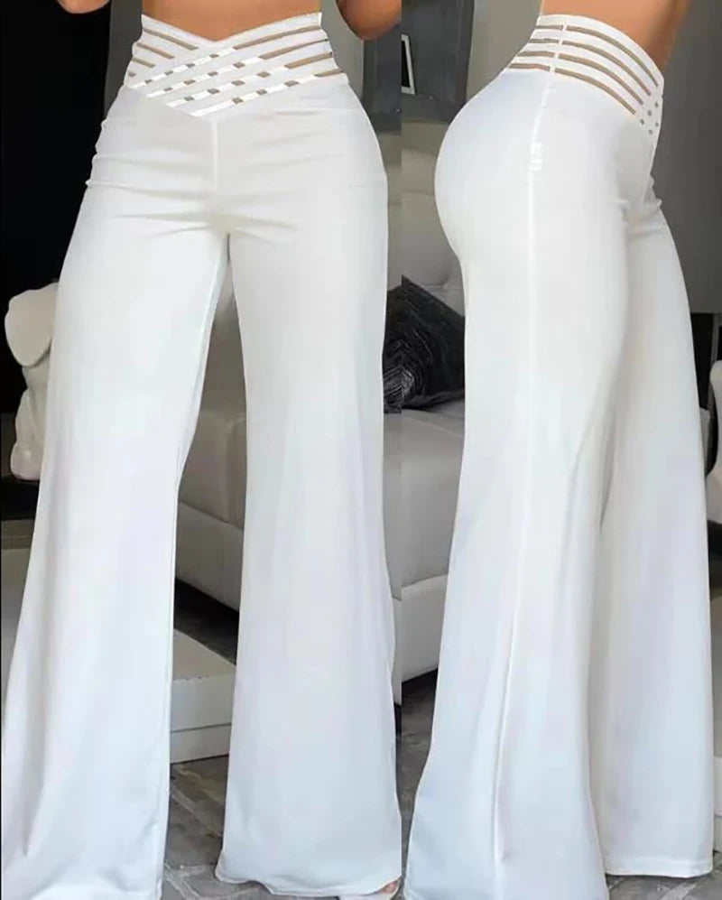 High Waist Wide Leg Pants – Elegant Mesh Patchwork Trousers