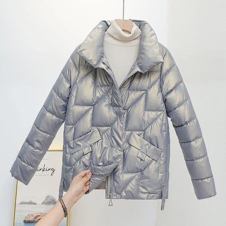 2025 Women’s Winter Parka – Glossy Down Cotton Jacket with Stand Collar | Casual Warm Short Coat Female Outwear