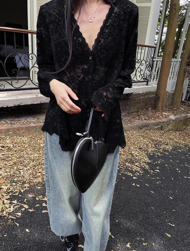 Y2K Lace Sheer Long Sleeve Blouse
