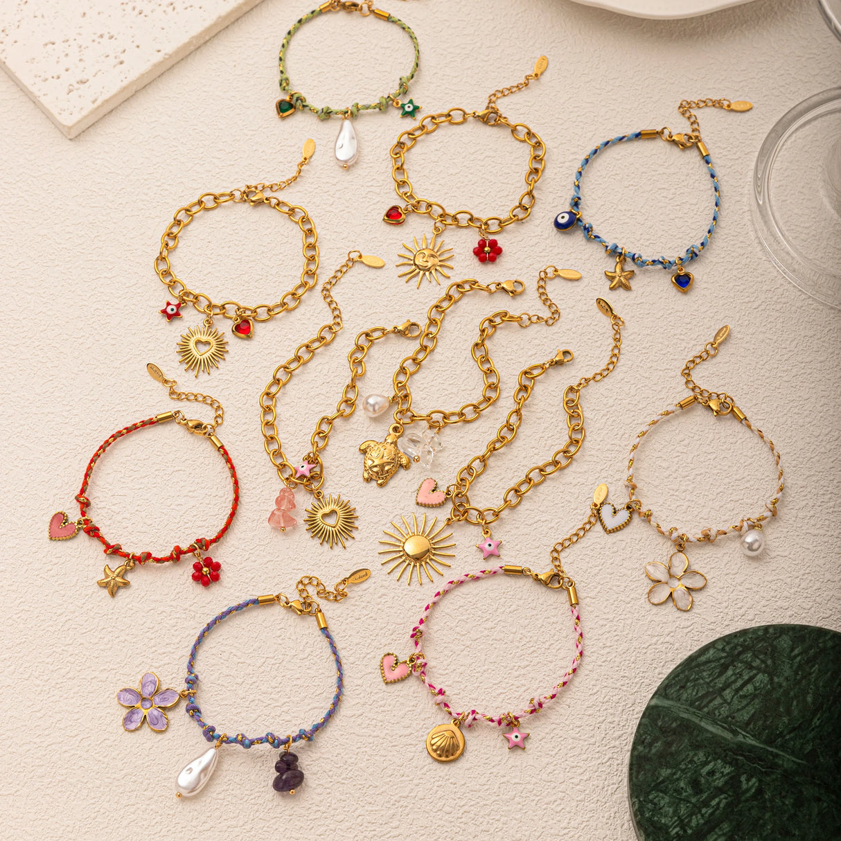 Gold-Plated, Handmade, Colorful, Braided Bracelet with Multiple Pendants