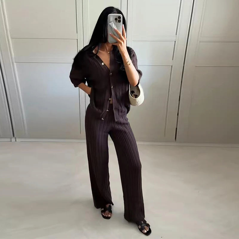 Brown V-Neck Knit Shirt and Pants