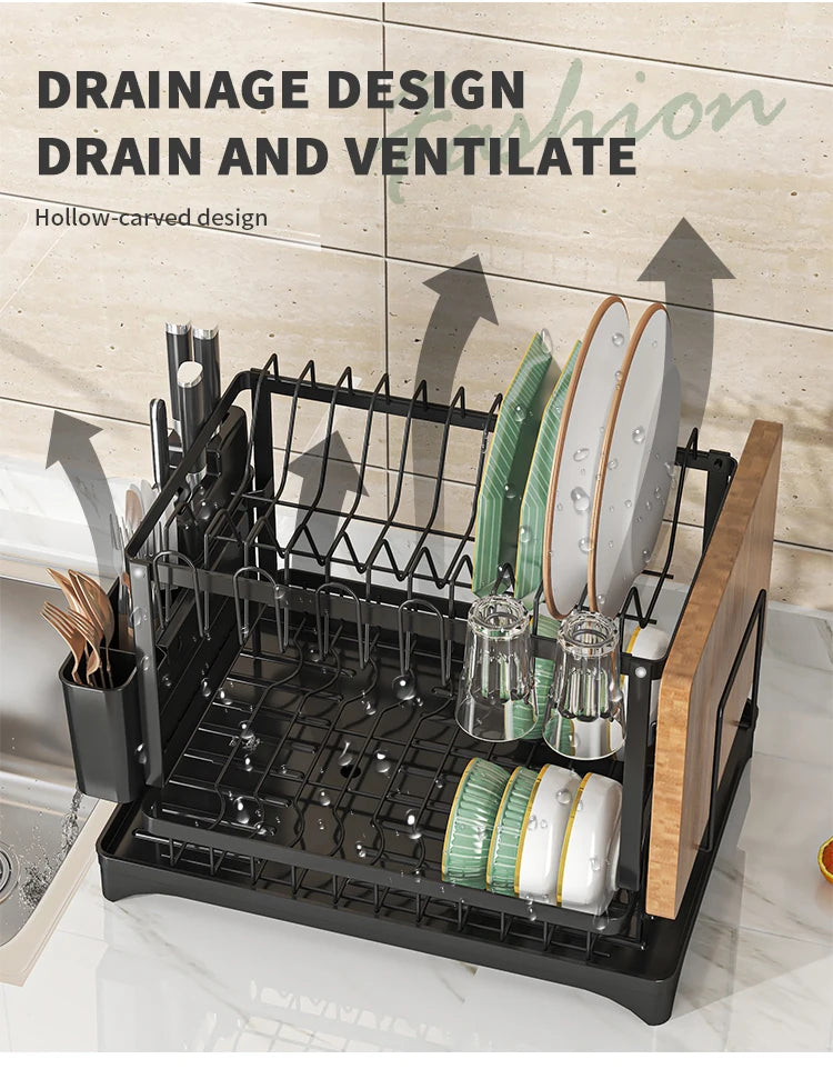 2-Tier Dish Drying Rack with Cutlery Holder, Cup Hooks & Draining Tray