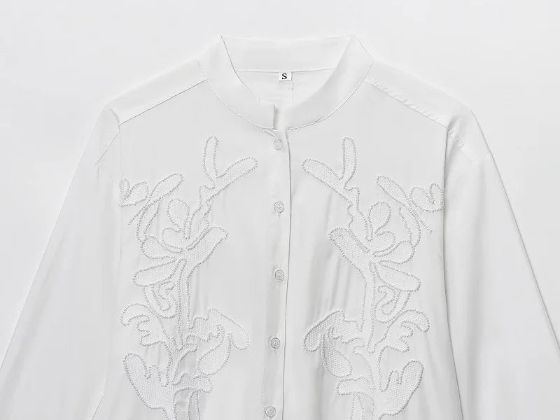 MUJER Women’s White Embroidered Button-Up Long Sleeve Summer Shirt