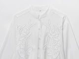 MUJER Women’s White Embroidered Button-Up Long Sleeve Summer Shirt