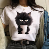 Funny Cat Women Summer White Print T-shirt