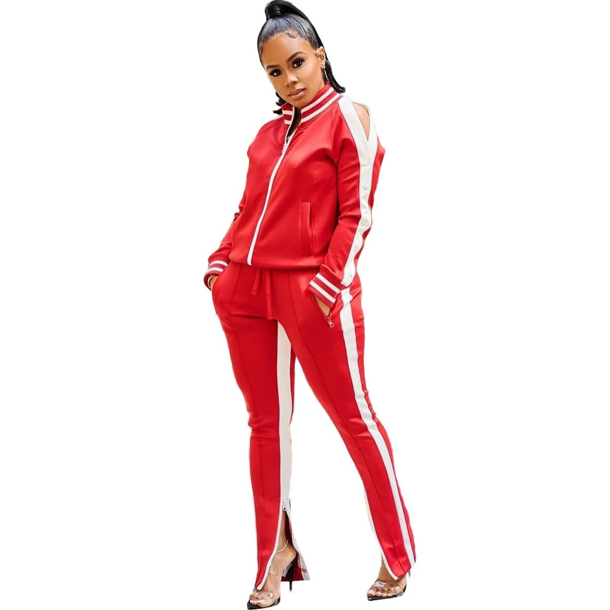 Women’s Two Piece Sports Casual Set – Patchwork Zipper Jacket and Pants
