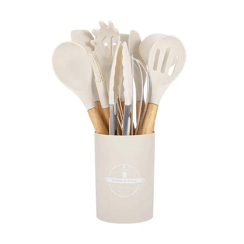 12PCS Silicone Kitchen Utensils Set – Non-Stick Cookware Tools with Wooden Handles