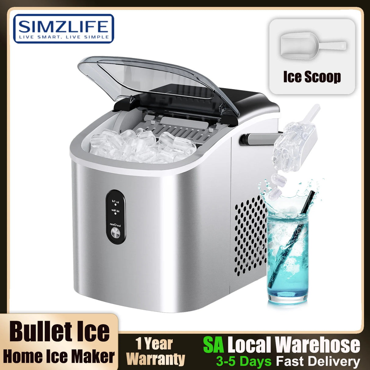 SIMZLIFE Portable Ice Maker Machine – 26.5 lbs/Day | 9 Ice Cubes in 6 Minutes | Auto-Cleaning Countertop Ice Maker with Basket & Scoop
