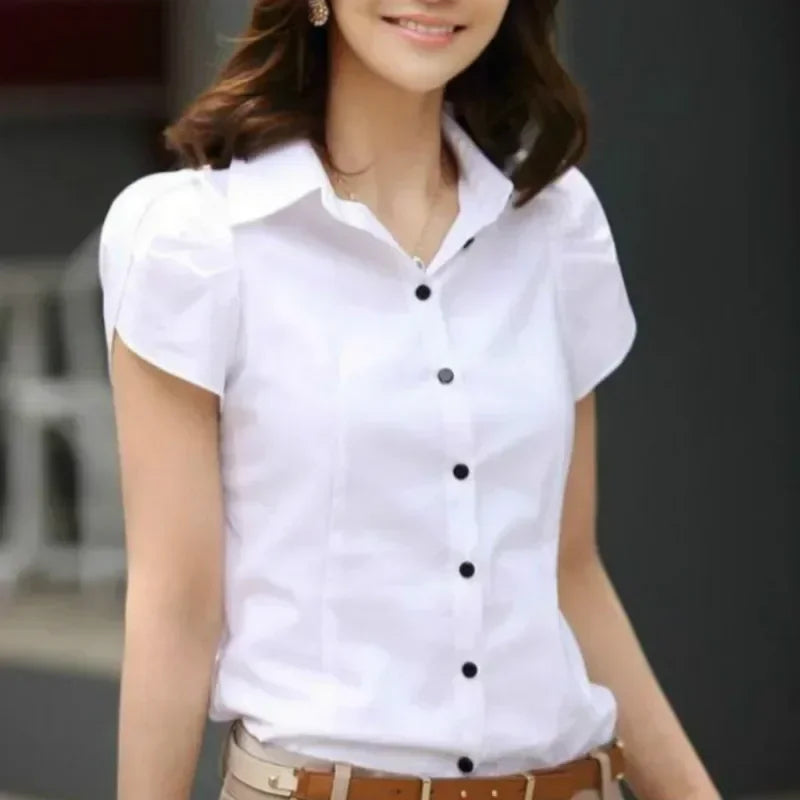 Women’s Summer Short Sleeve Office Blouse – Black/White Formal Work Shirt