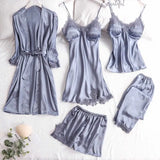 Women’s Satin Pajama Set – Lace Trim Sleepwear with Robe and Pants