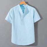 Men’s Short Sleeve Solid Color Stand Collar Cotton Shirt