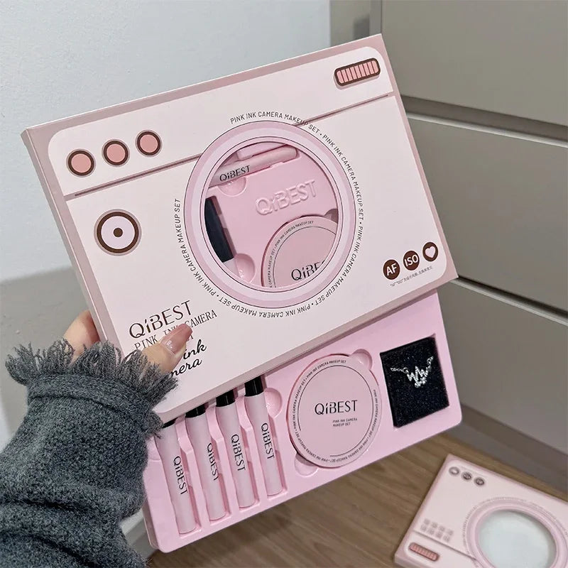 QIBEST 9PC Cosmetics Kit – Lip Mud, Pressed Powder, Blush, Eyeliner, Mascara & Eyebrow Pencil