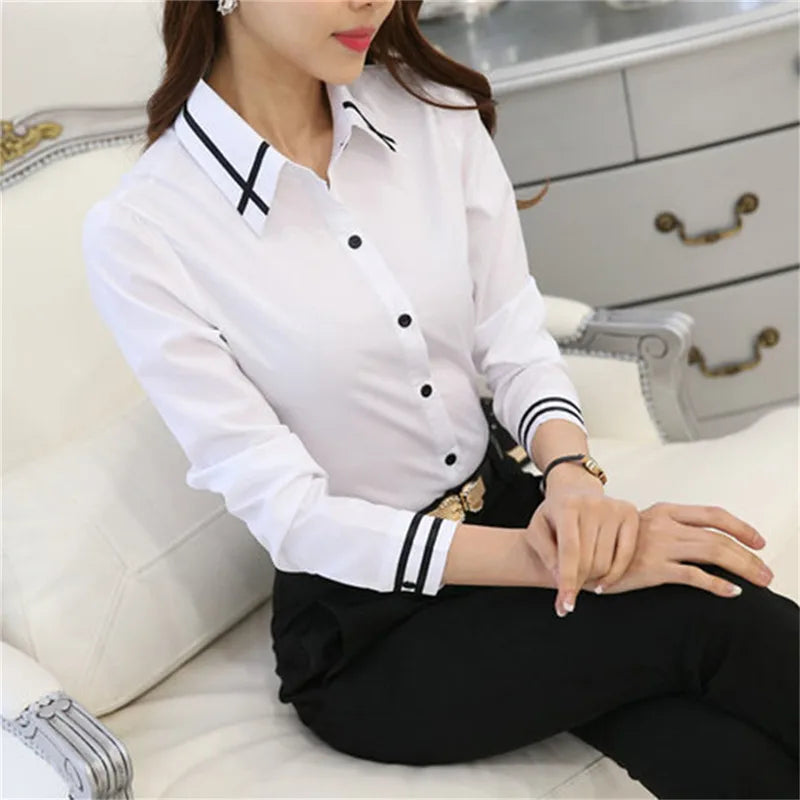 Women’s Long-Sleeve Slim Fit Office Shirt – White/Blue Formal Turn-Down Collar Blouse
