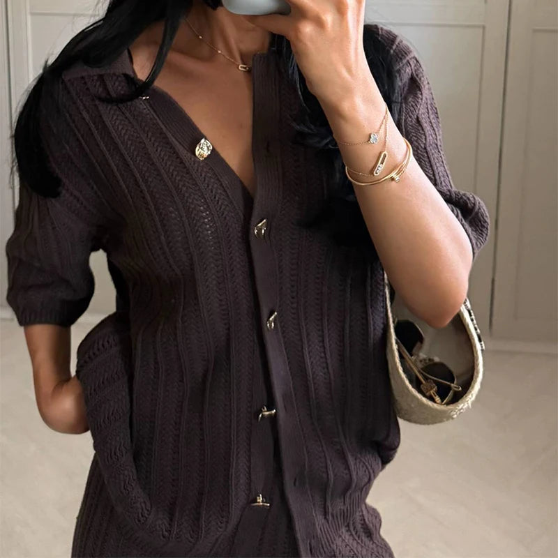 Brown V-Neck Knit Shirt and Pants