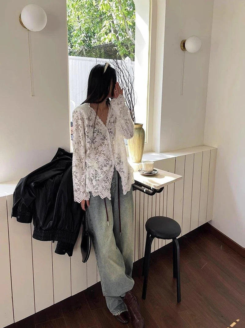 Y2K Lace Sheer Long Sleeve Blouse