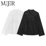 MUJER Women’s White Embroidered Button-Up Long Sleeve Summer Shirt