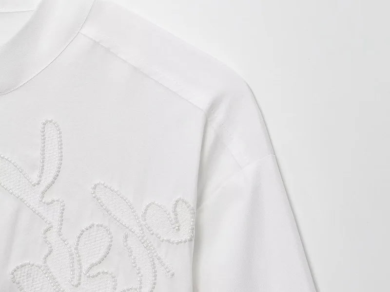 MUJER Women’s White Embroidered Button-Up Long Sleeve Summer Shirt