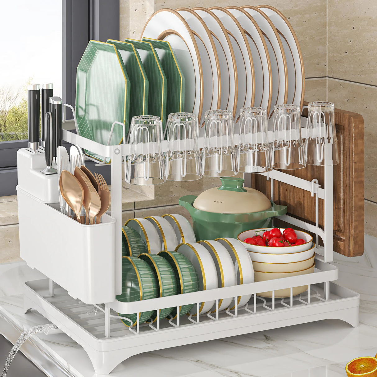 2-Tier Dish Drying Rack with Cutlery Holder, Cup Hooks & Draining Tray