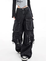 Black Gothic Punk Multi-Pocket Zipper Denim Jeans – Y2K Baggy
