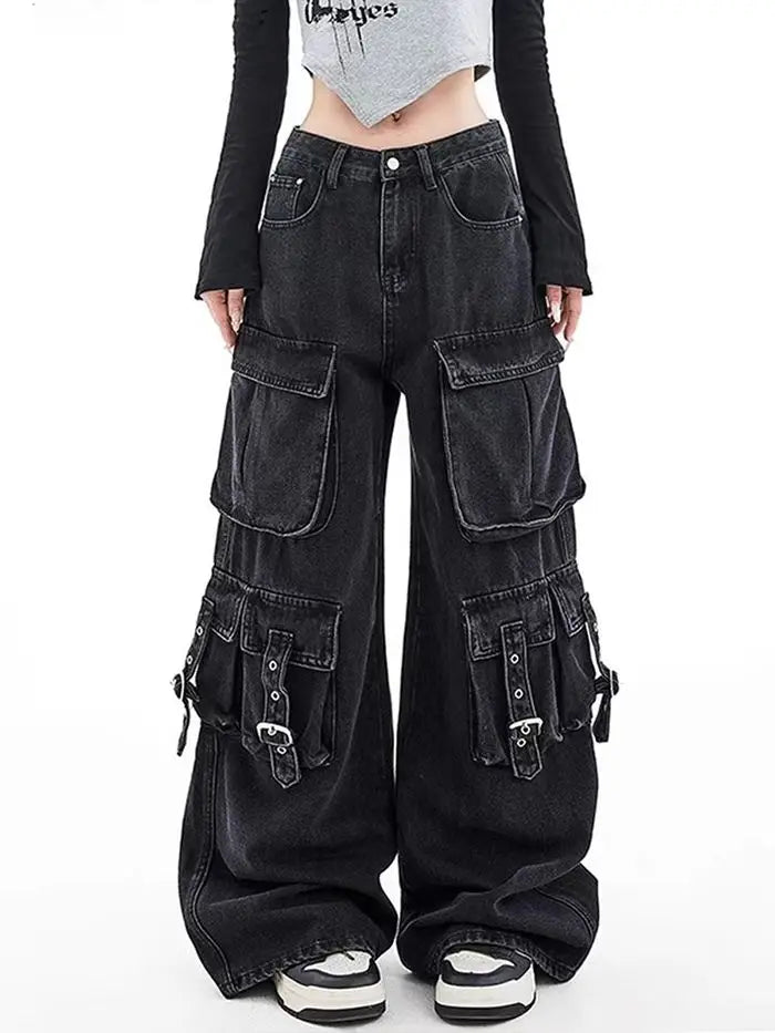 Black Gothic Punk Multi-Pocket Zipper Denim Jeans – Y2K Baggy