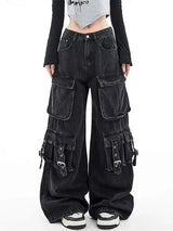 Black Gothic Punk Multi-Pocket Zipper Denim Jeans – Y2K Baggy