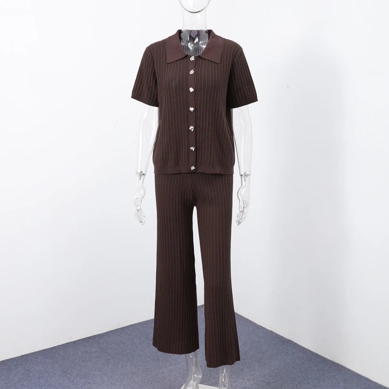 Brown V-Neck Knit Shirt and Pants